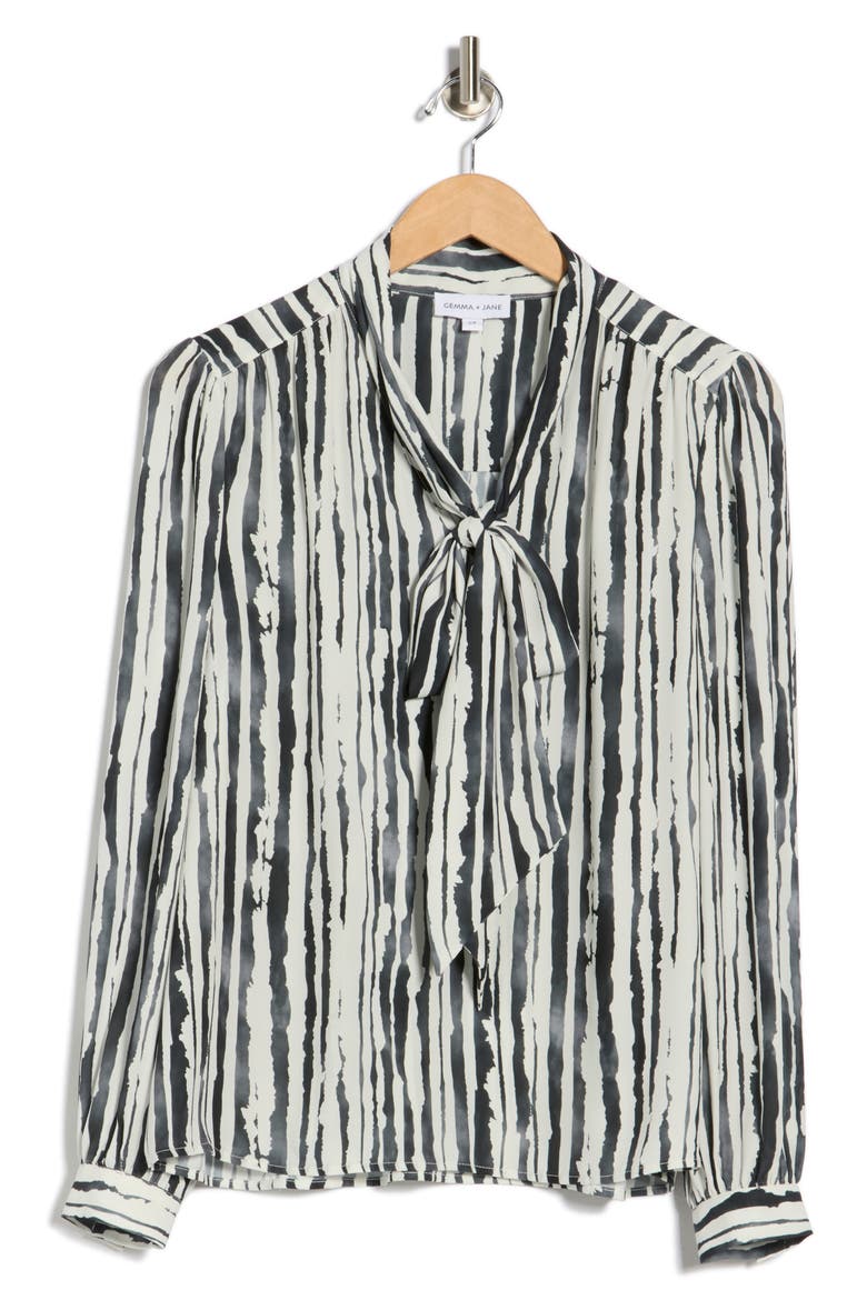 Tie Neck Georgette Top, Alternate, color, BLACK/ WHITE STRIPE