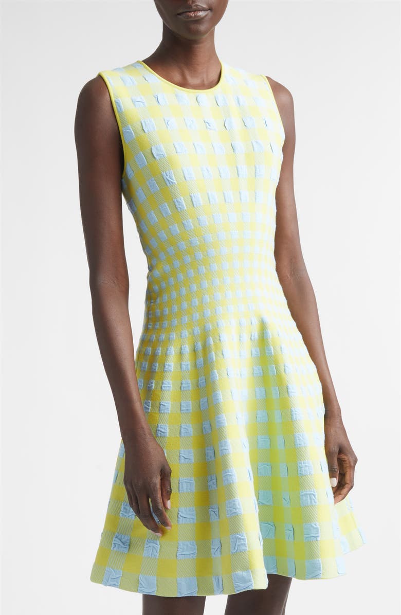 Oscar de la Renta Gingham Check Jacquard Fit & Flare Sweater Dress, Alternate, color, Cerulean/ Pear
