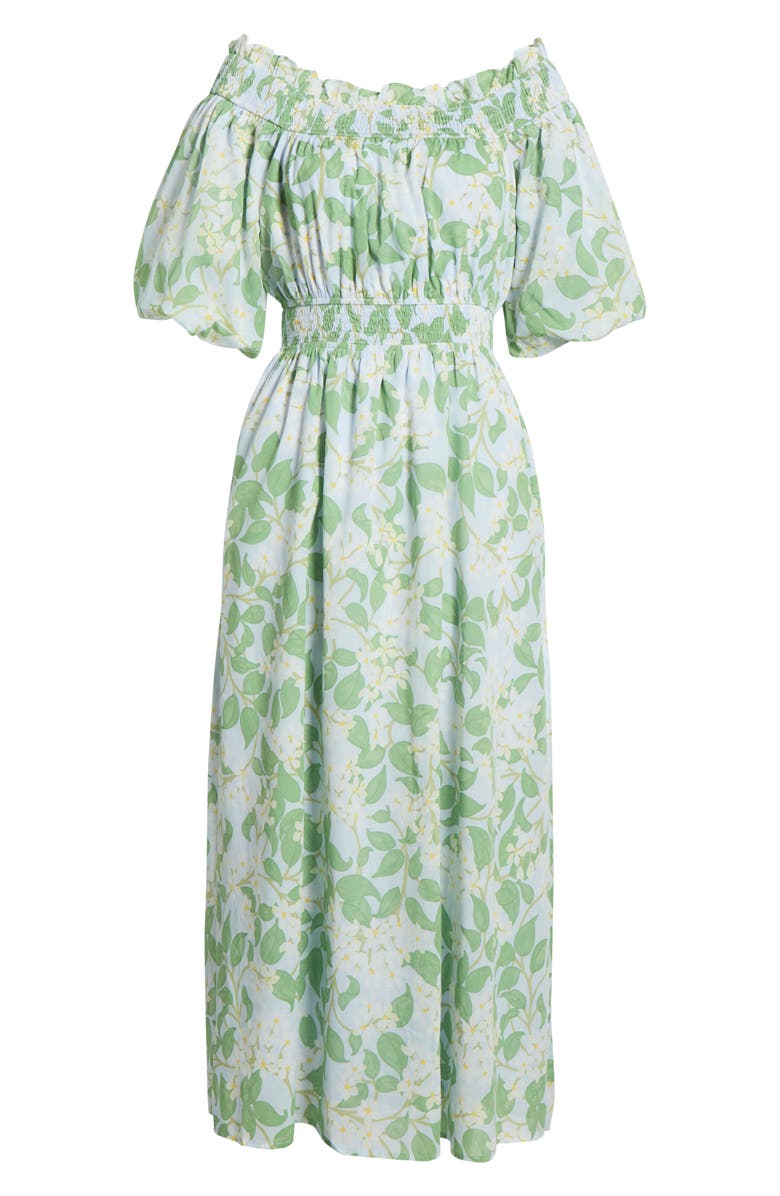 SUGARLIPS Kiany Floral Magna Town Off the Shoulder Cotton Midi Dress, Alternate, color, Light-Blue-Green