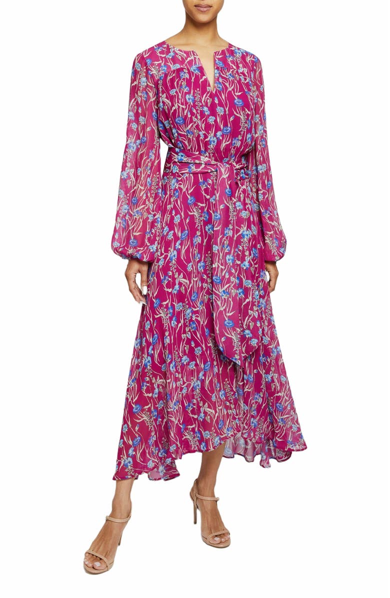 Santorelli AUBREE Long Sleeve Midi Dress in Floral Printed Georgette, Alternate, color, Dark Magenta