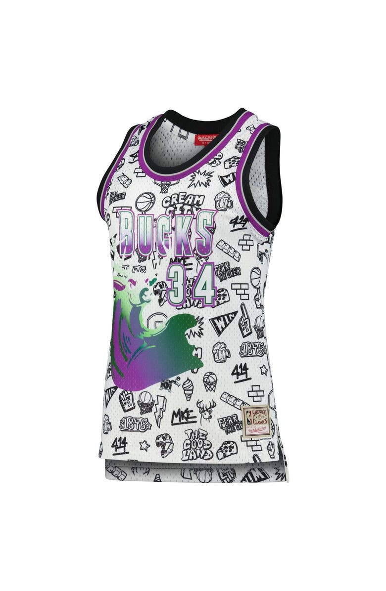 Mitchell & Ness Women's Mitchell & Ness Ray Allen White Milwaukee Bucks 1996 Doodle Swingman Jersey, Alternate, color,