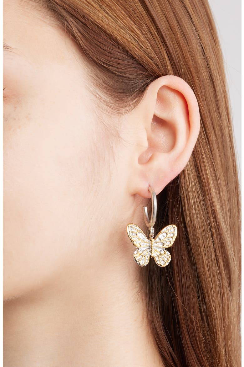 Duotone Butterfly Charm Hoop Earrings, Alternate, color, SILVER