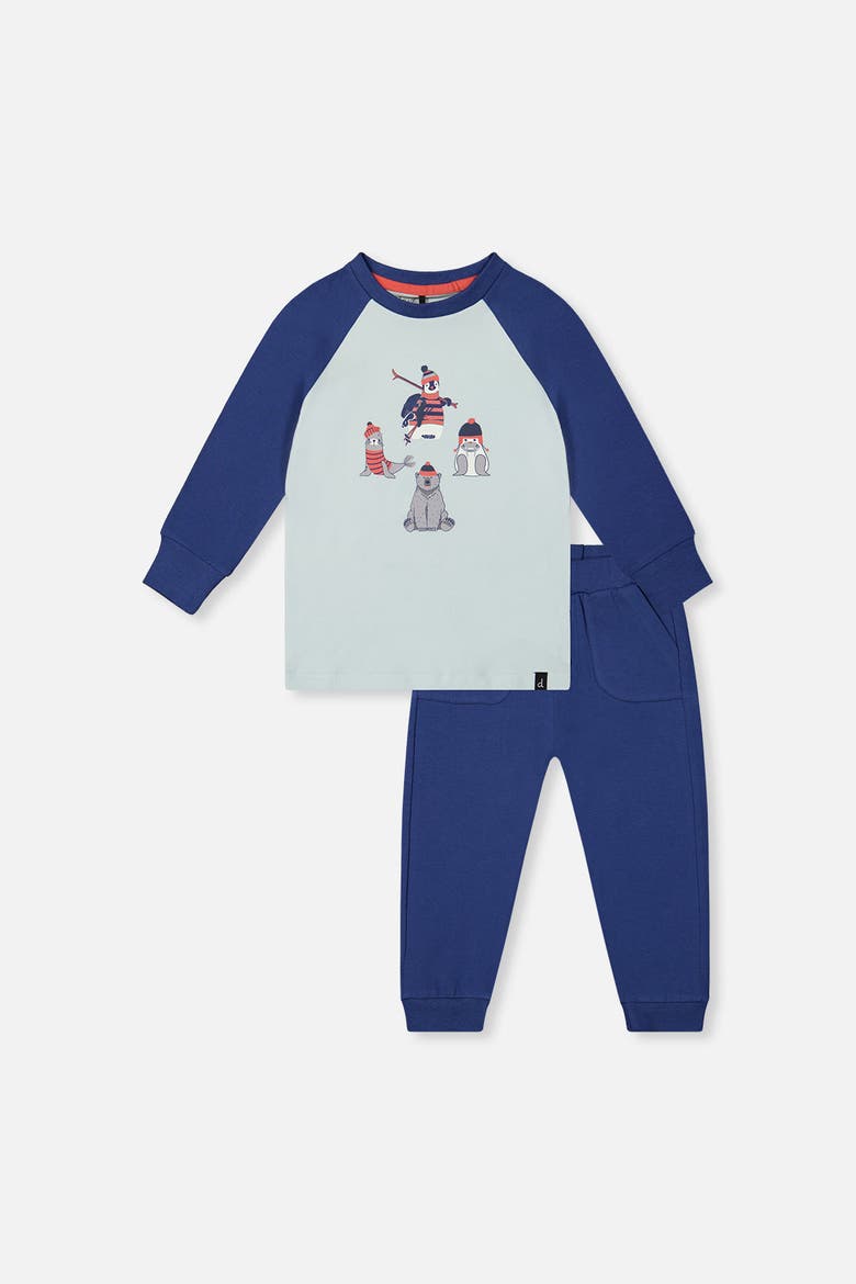 Organic Cotton Ski Graphic T-Shirt & Fleece Pant Set, Main, color, Very Pale Turquoise