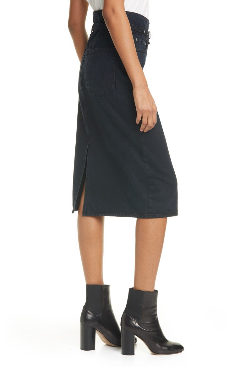 Paperbag Waist Denim Midi Skirt, Alternate, color, BLACK BIRD