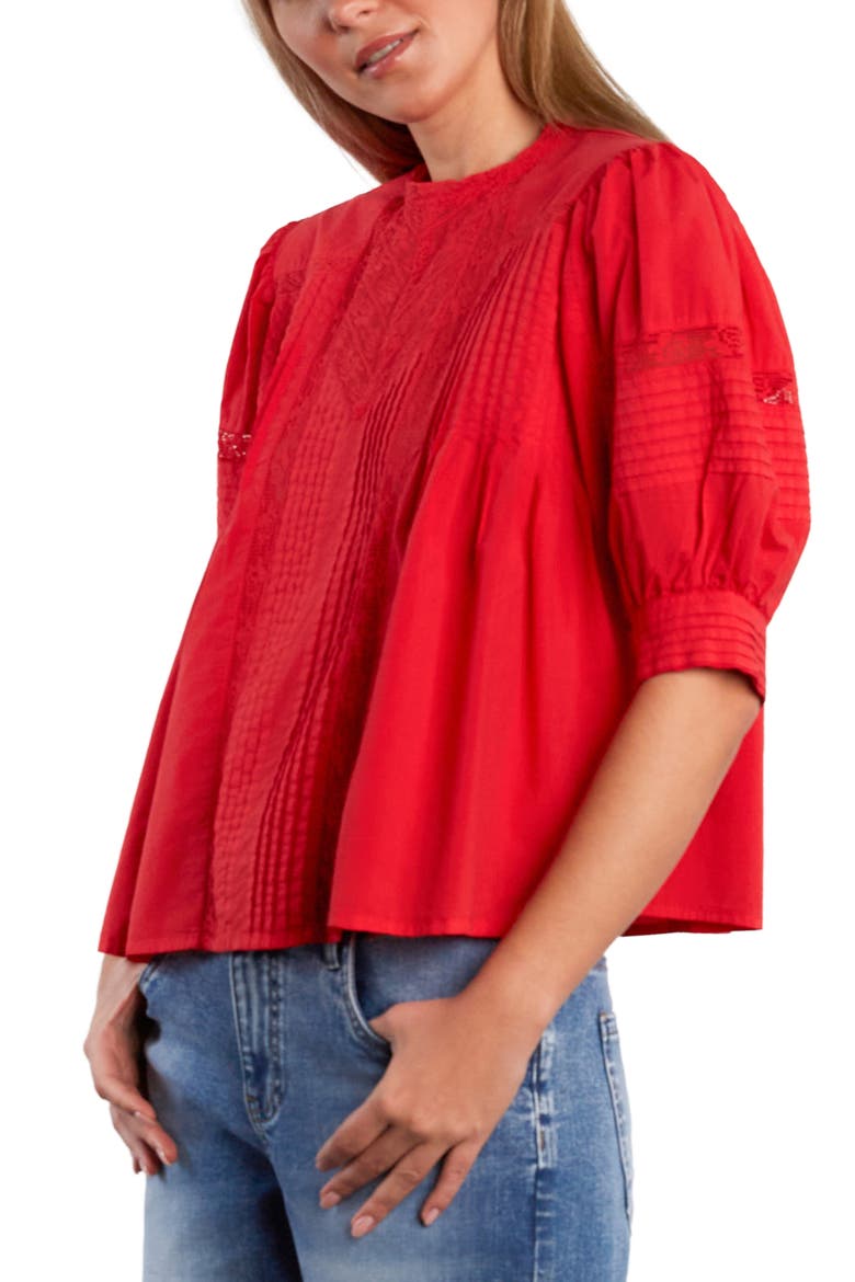 Charmalace Pintuck Lace Inset Cotton Blend Top, Alternate, color, POPPY RED