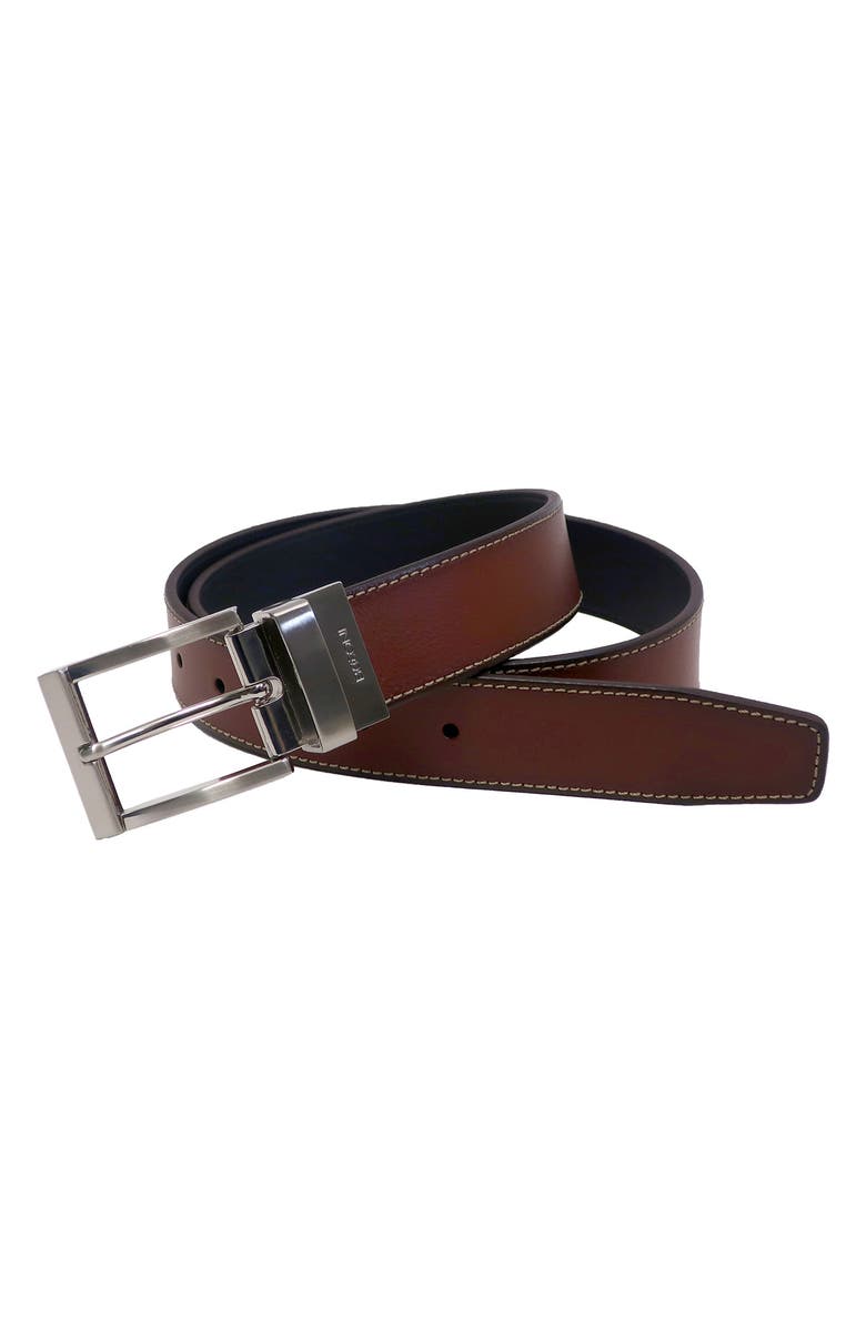 BOCONI Reversible Burnished Leather Belt, Main, color, Cognac/ Black