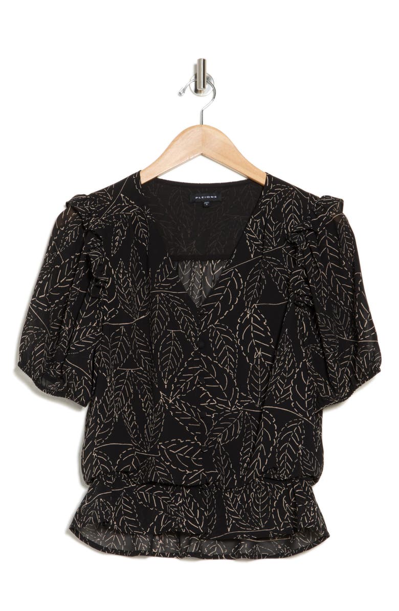 Pleione Puff Sleeve Peplum Top, Alternate, color, Black Linear Leaf