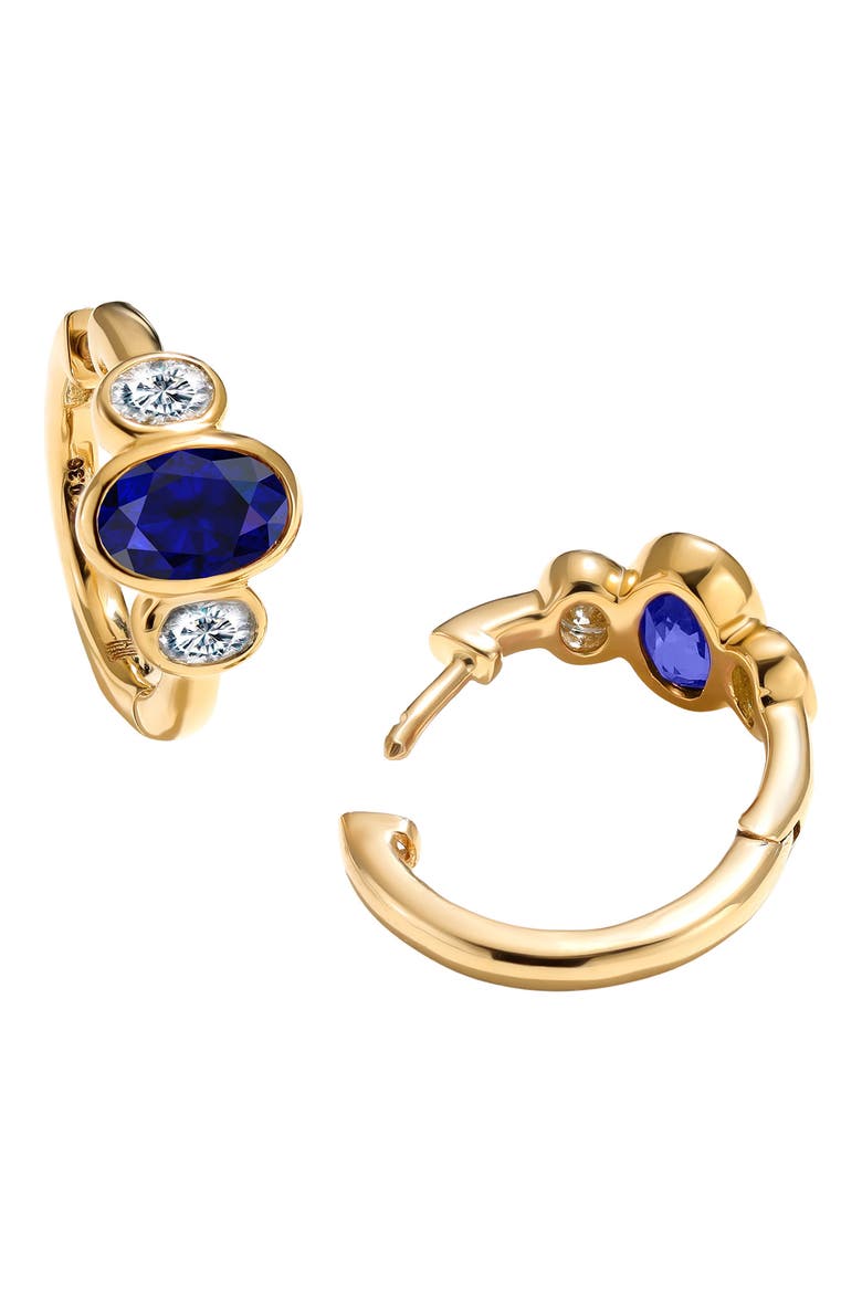 Three Stone Oval Cut Sapphire & Diamond Huggie Hoop Earrings, Alternate, color, SAPPHIRE