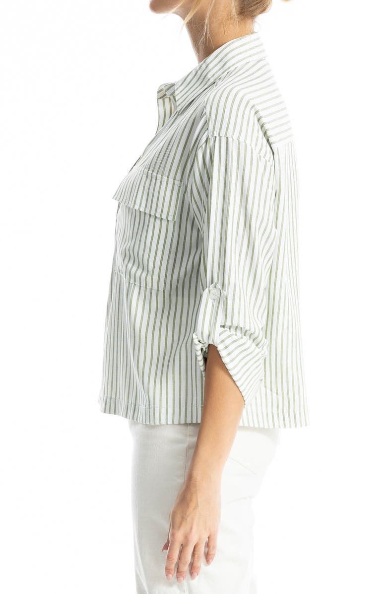 Grid Print Roll Sleeve Popover Shirt