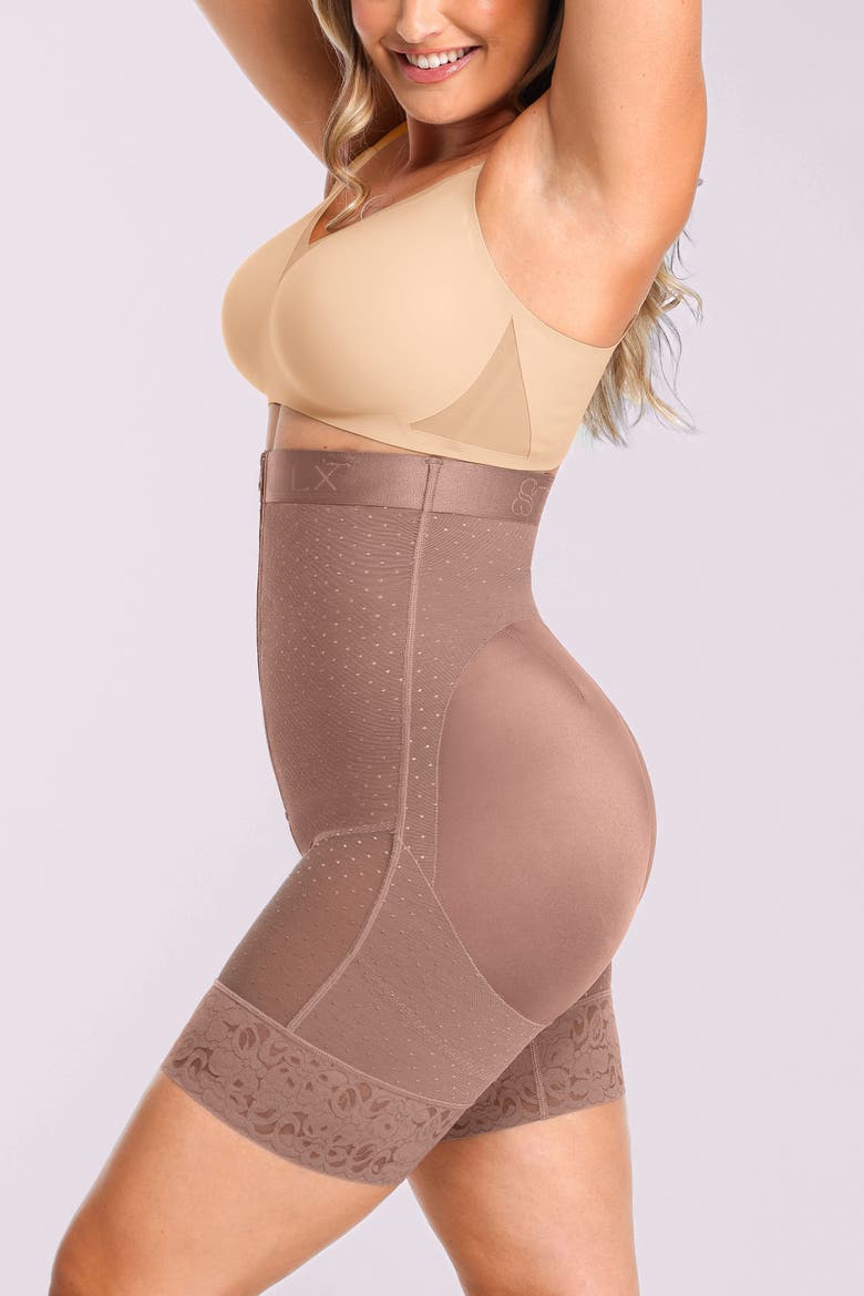 AirSlim High Waist Butt-Lifting Polka Dot Shorts, Alternate, color, Warm Taupe
