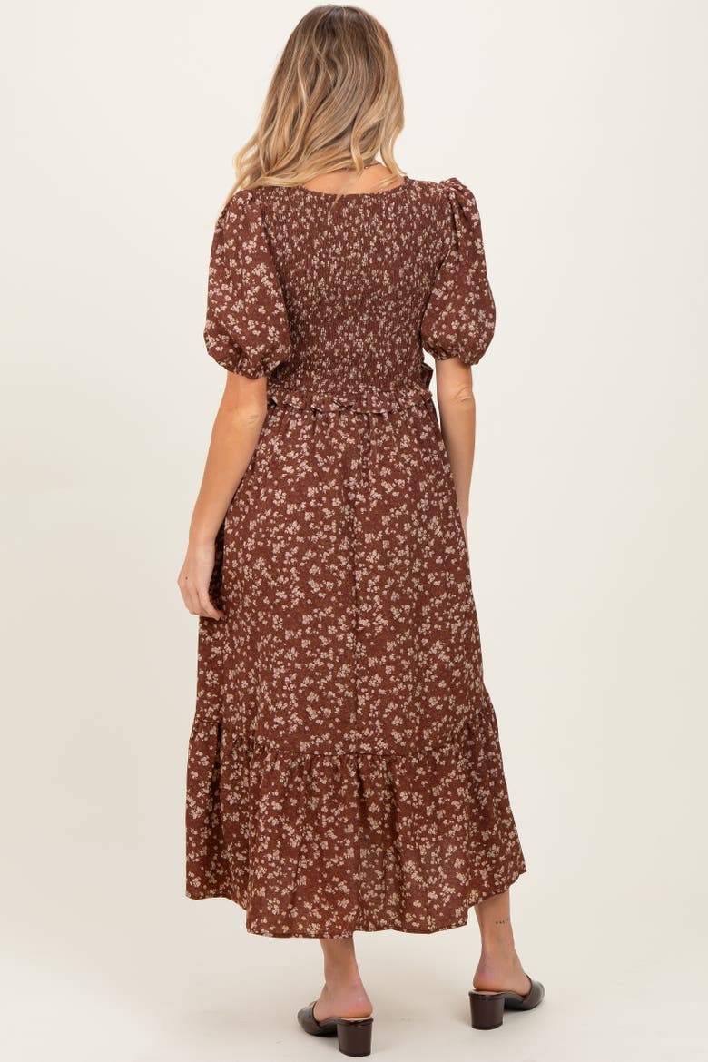 Floral Smocked Short Sleeve Midi Dress, Alternate, color, Brown