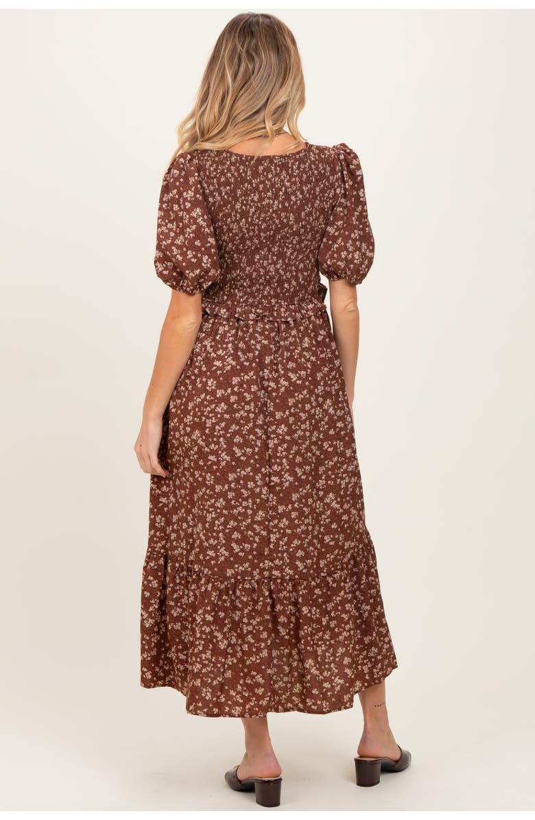 PinkBlush Floral Smocked Short Sleeve Midi Dress, Alternate, color, Brown