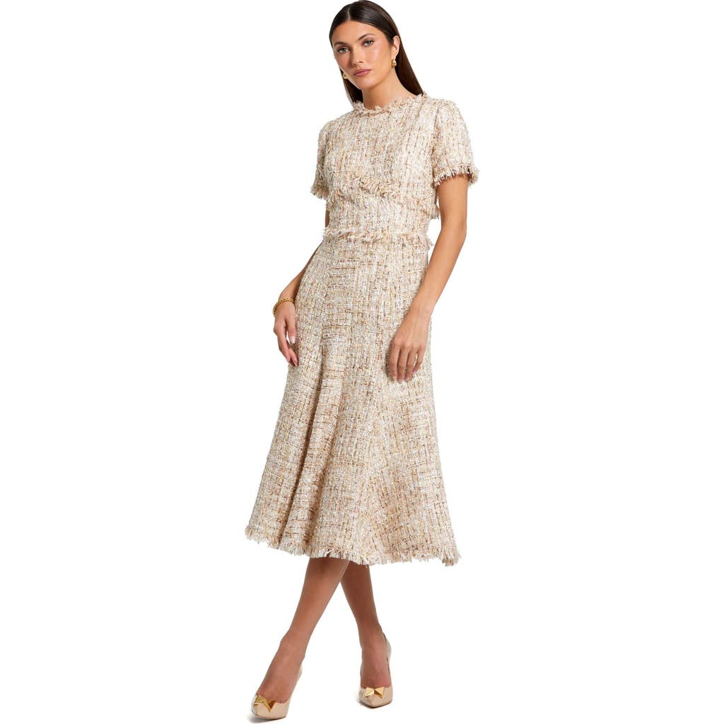 Mac Duggal Boucle Short Sleeve A Line Midi Dress In Blush