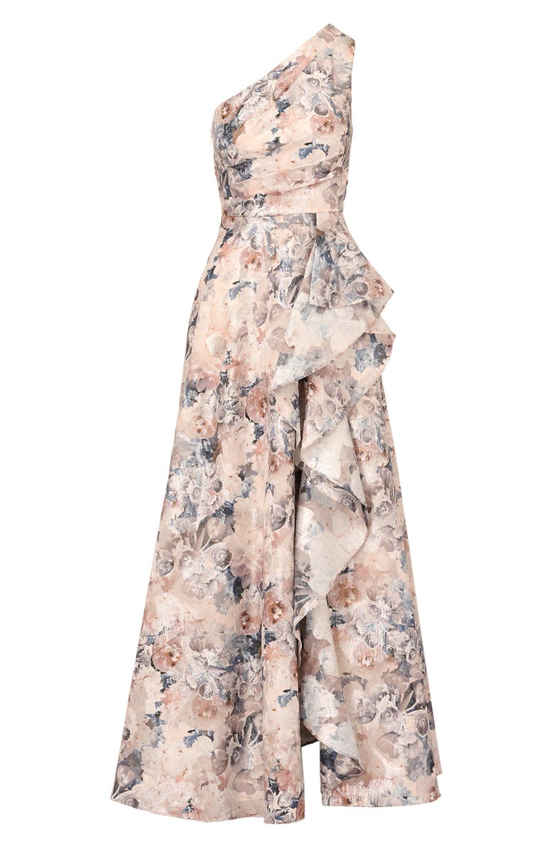 Aidan Mattox Metallic Jacquard Ruffle One-Shoulder Ballgown, Alternate, color, Blue Multi