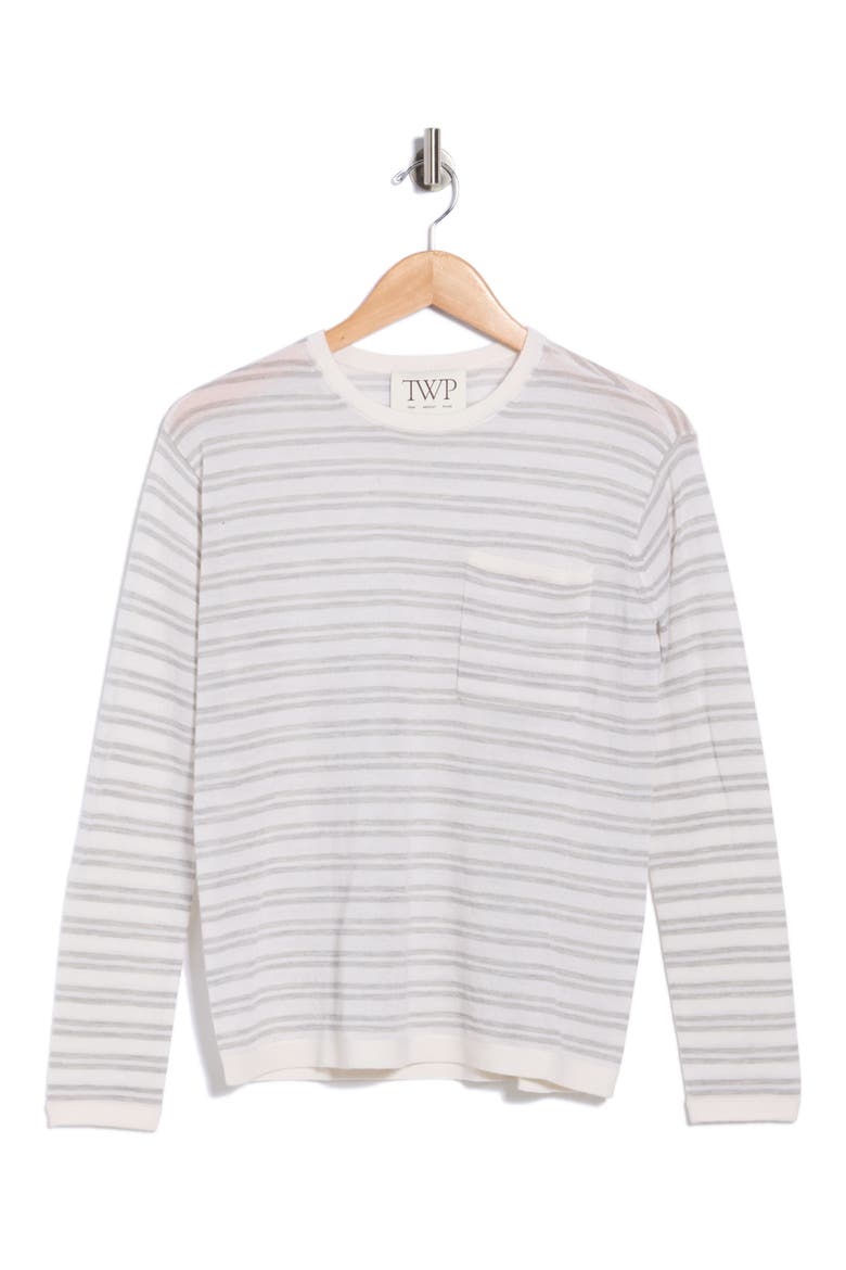Striped Cashmere Crewneck Sweater, Alternate, color, BIRCH / LIGHT HEATHER GREY