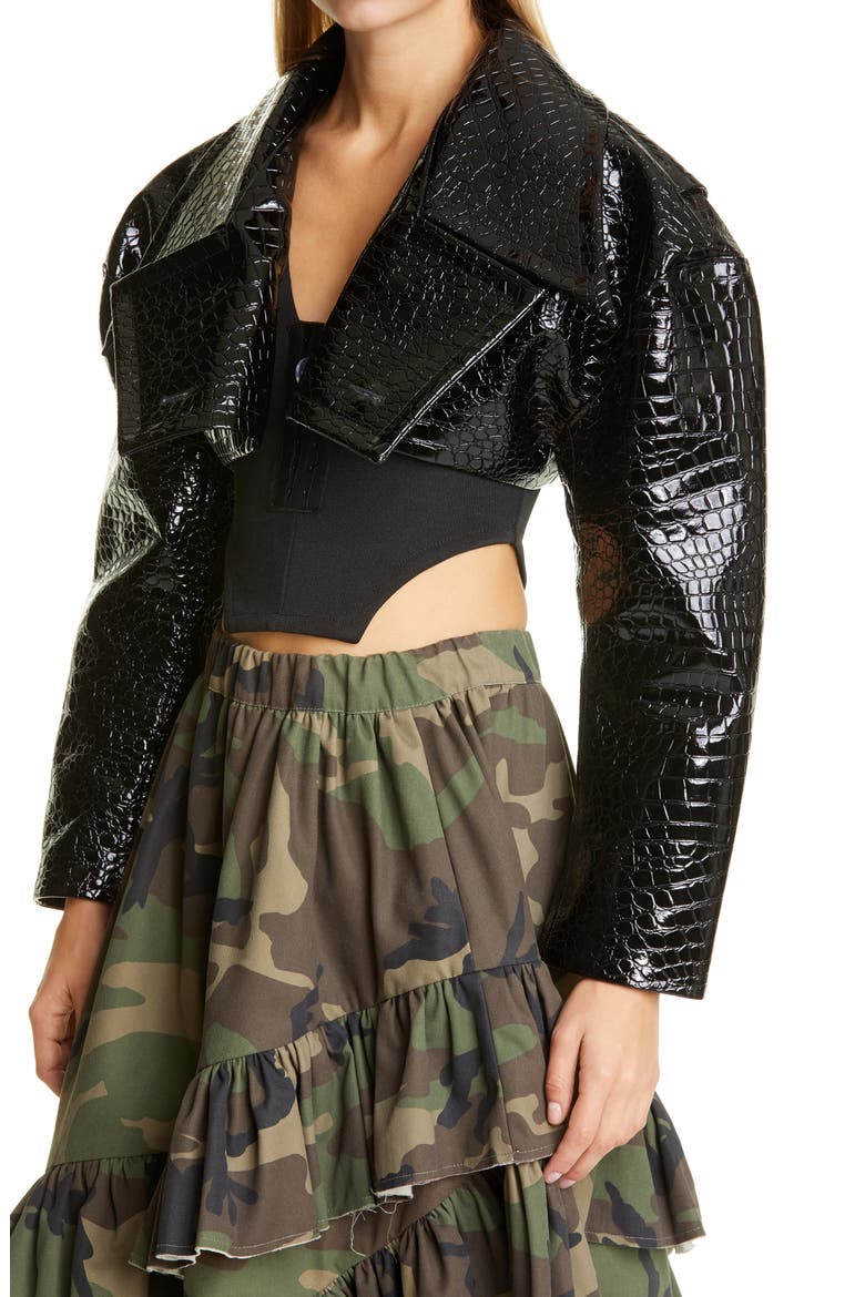 Croc Embossed Faux Patent Leather Crop Jacket, Alternate, color, BLACK