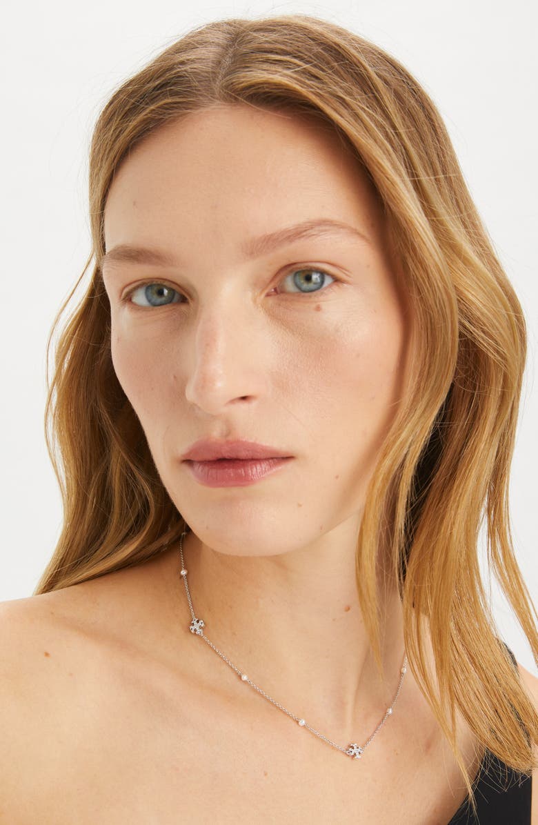 Tory Burch Delicate Kira Cultured Pearl Station Necklace, Alternate, color, Tory Silver / Crystal / Pearl