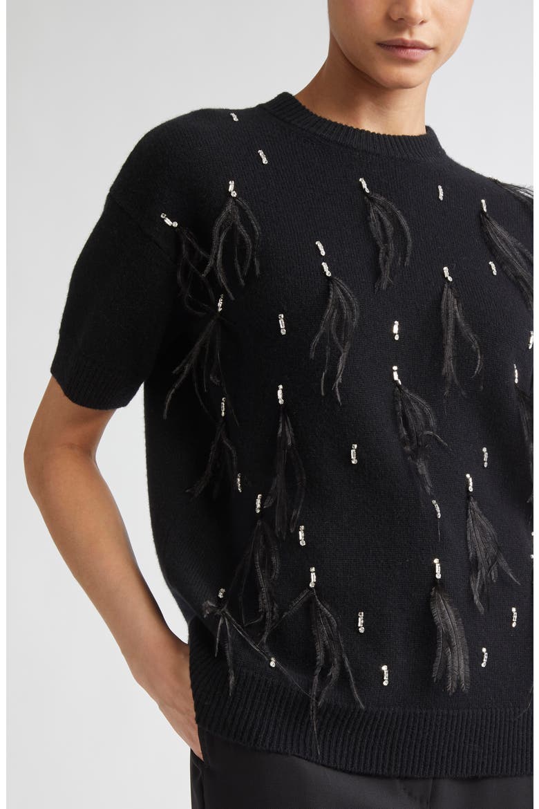 Oblo Crystal & Feather Embellished Short Sleeve Sweater, Alternate, color, BLACK
