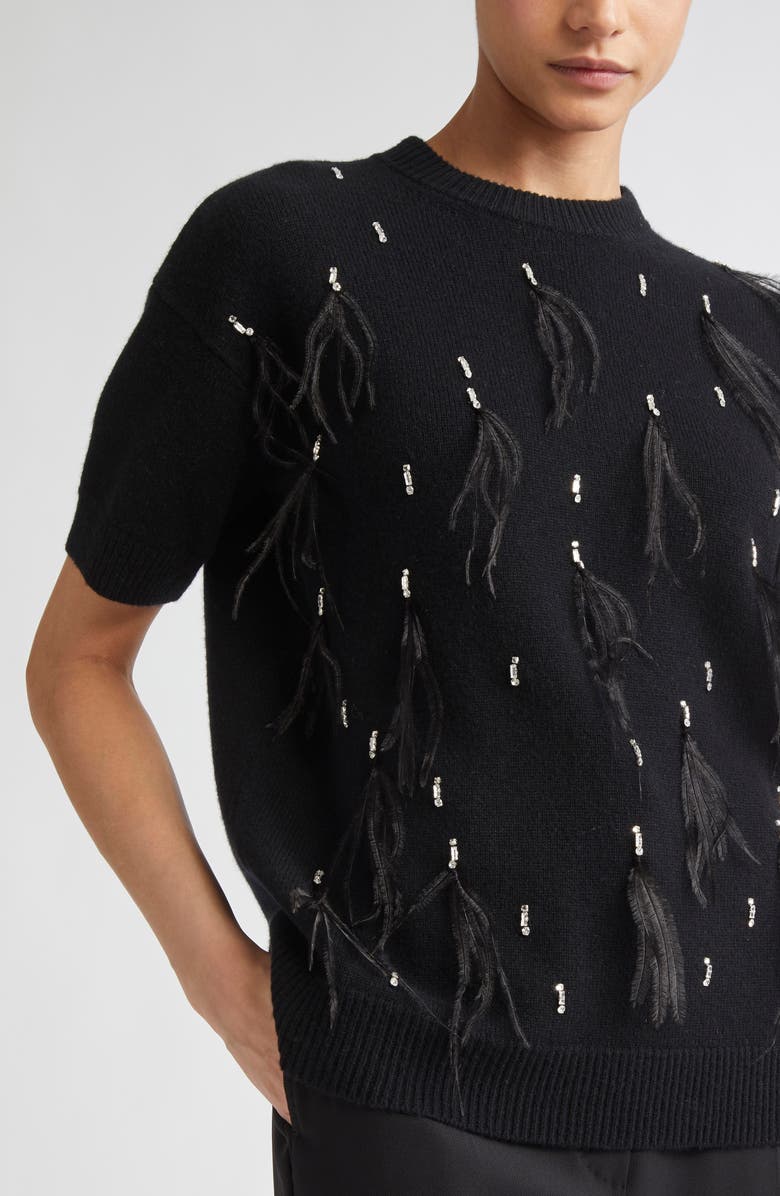 Max Mara Studio Oblo Crystal & Feather Embellished Short Sleeve Sweater, Alternate, color, Black