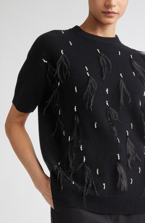 Max Mara Studio Oblo Crystal & Feather Embellished Short Sleeve Sweater In Black