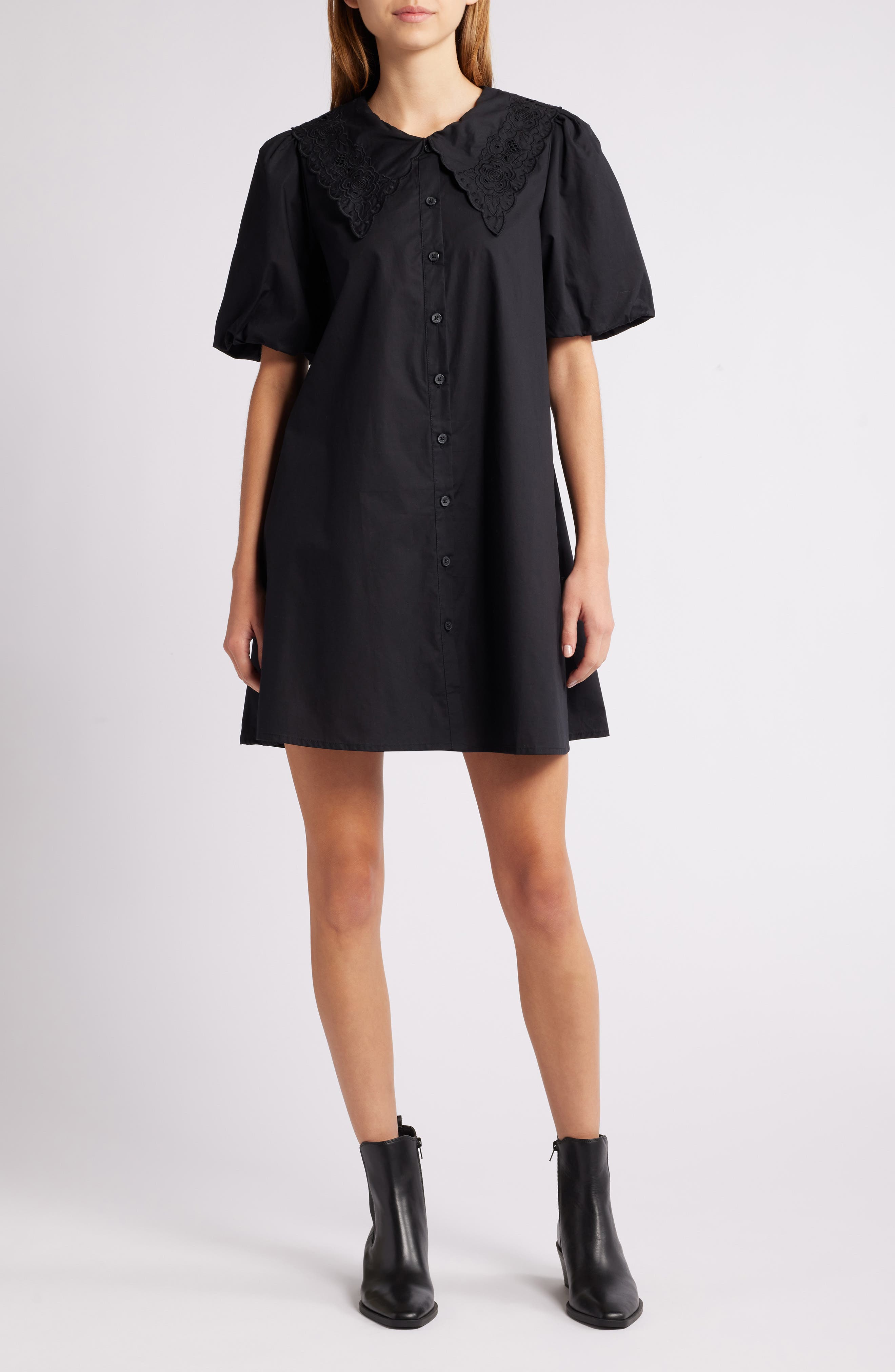 Nobody's Child Bridget Embroidered Puff Sleeve Cotton Shirtdress in Black 