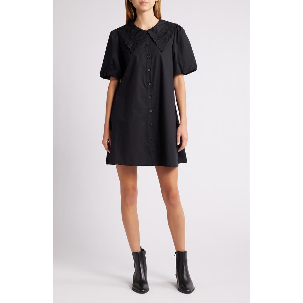 Nobody's Child Bridget Embroidered Puff Sleeve Cotton Shirtdress in Black