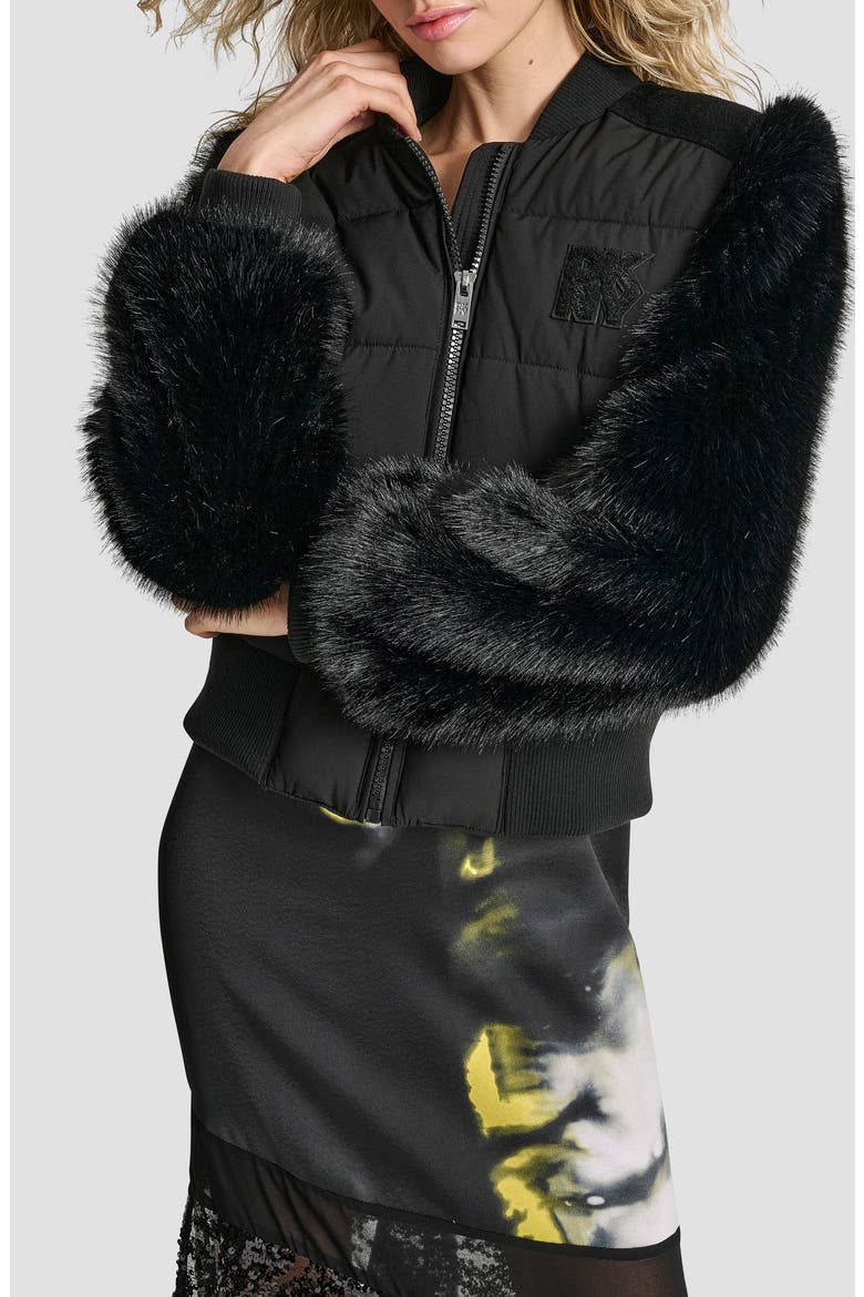 Crop Faux Fur Sleeve Bomber Jacket, Alternate, color, BLACK