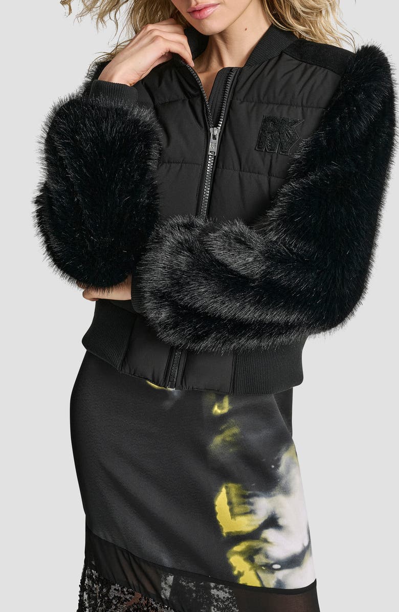 DKNY Crop Faux Fur Sleeve Bomber Jacket, Alternate, color, Black