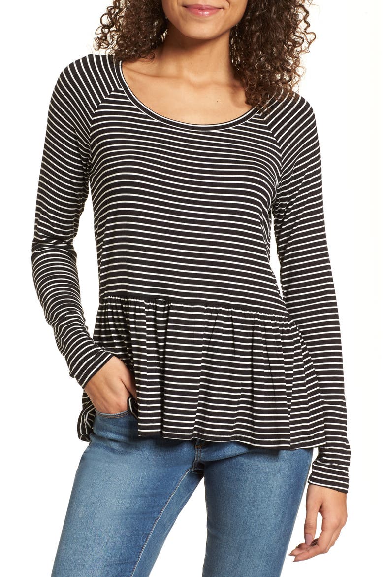 Stripe Peplum Tee, Main, color, BLACK TINY STRIPE