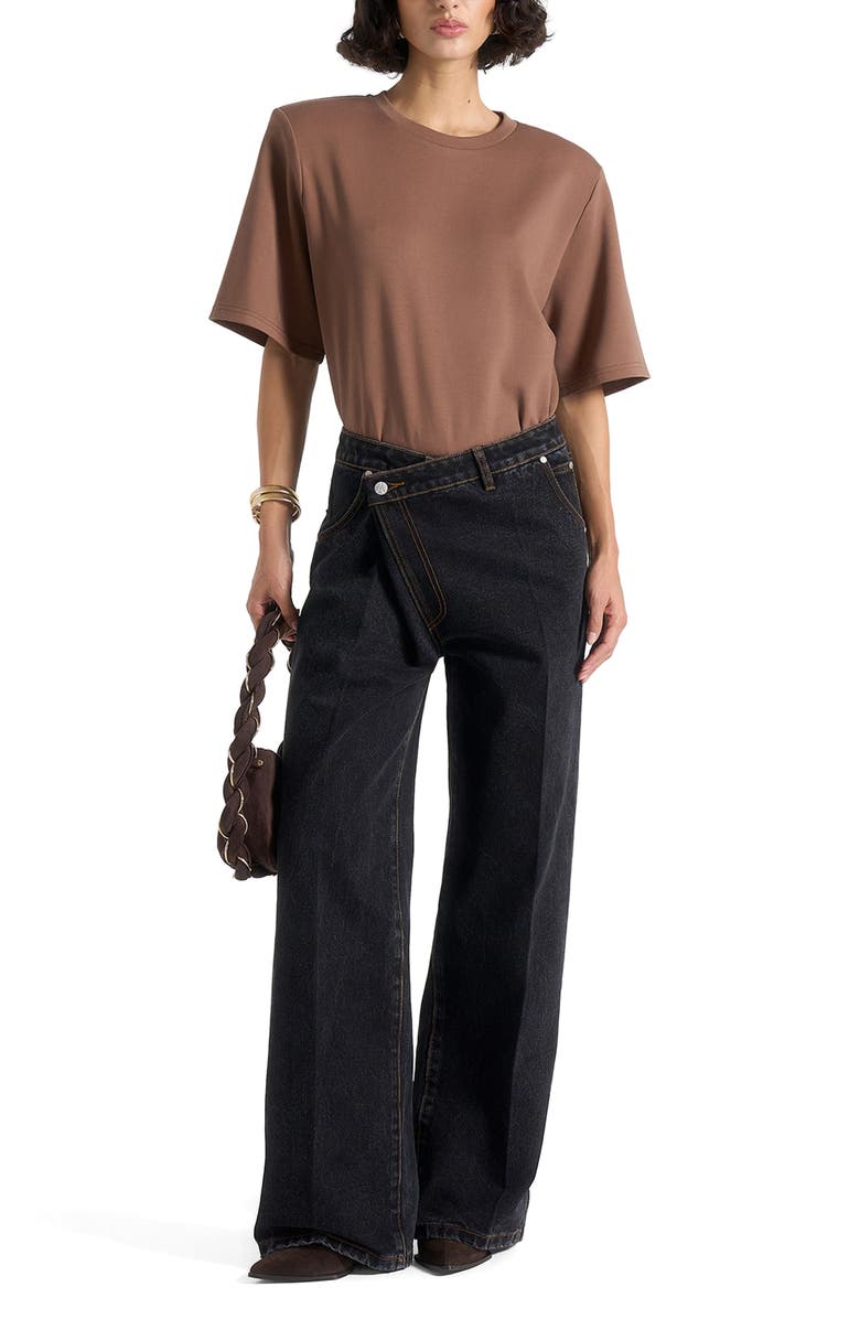Manière De Voir Mia Wide Shoulder Bodysuit T-Shirt, Main, color, Brown
