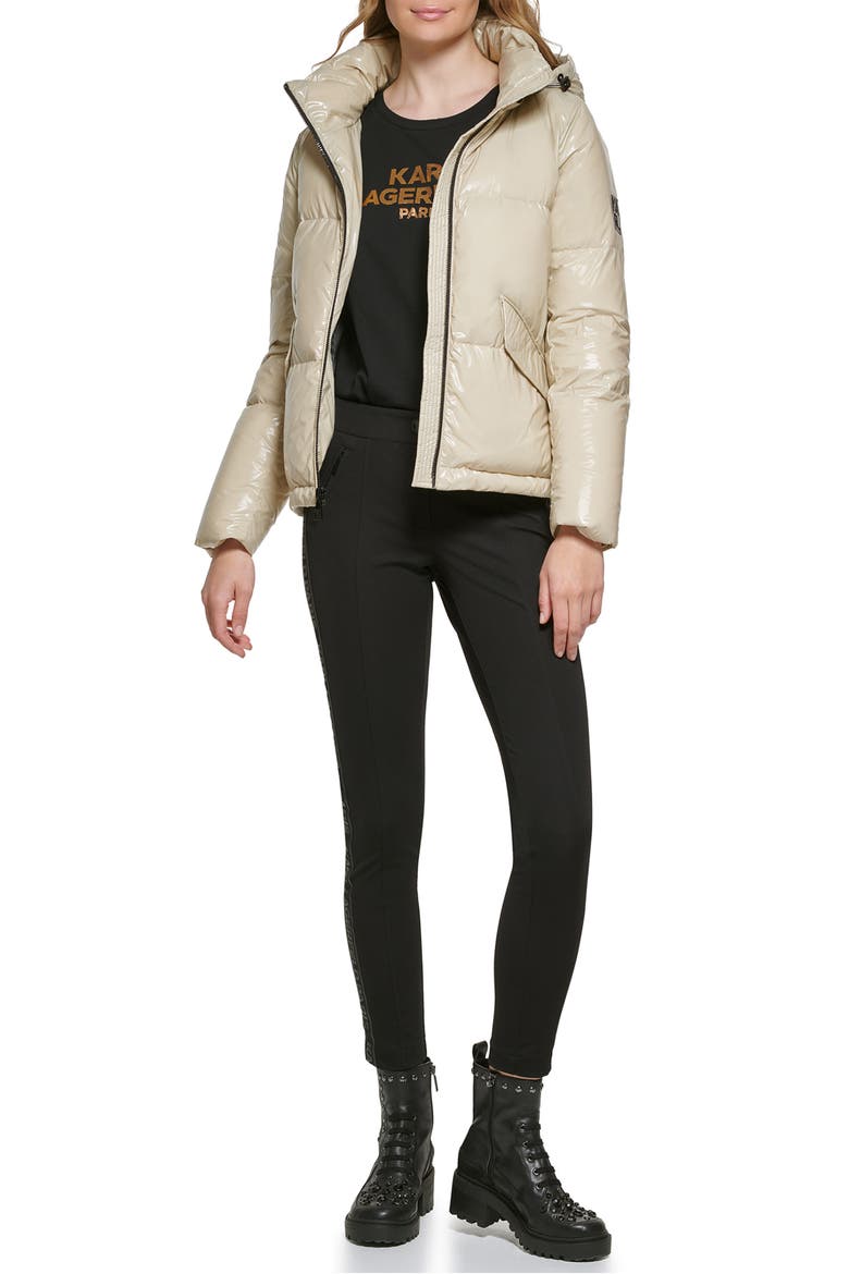 Glossy Hooded Puffer Jacket, Alternate, color, SAND