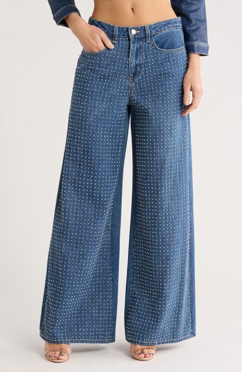 Quincy High Waist Rhinestone Wide Leg Jeans (Glendora)