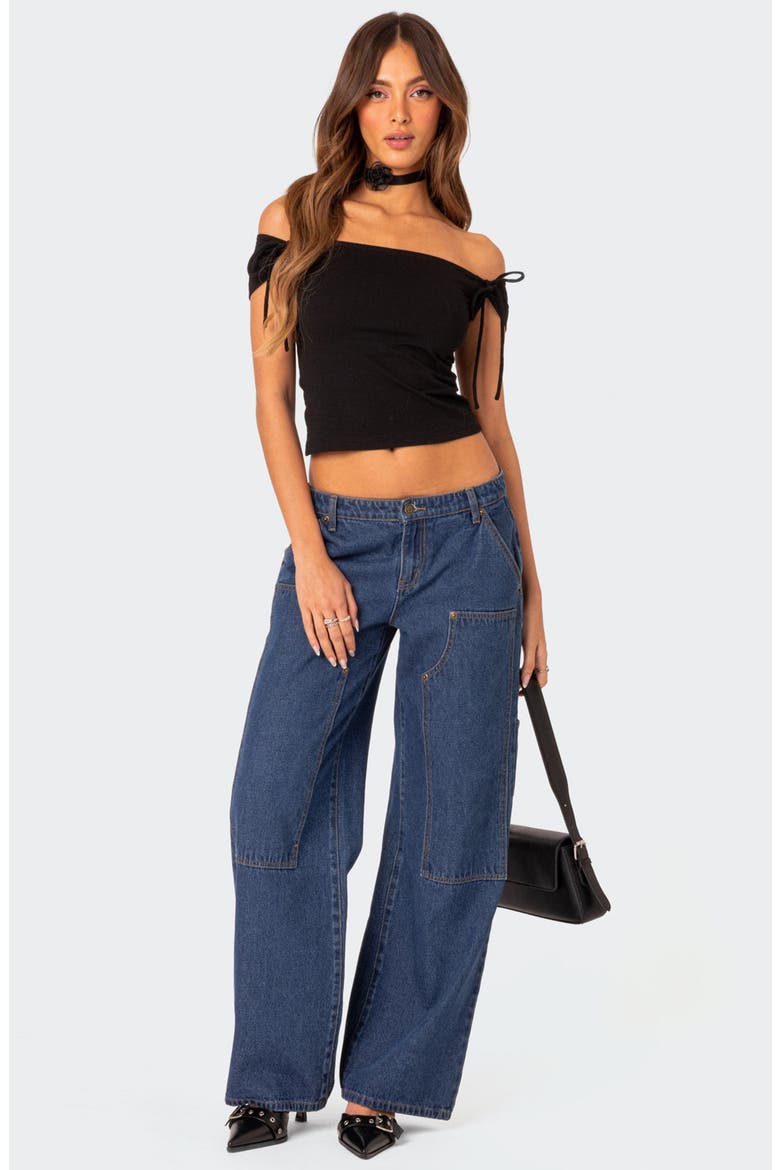 Jess Tie Sleeve Off the Shoulder Crop Top, Alternate, color, BLACK