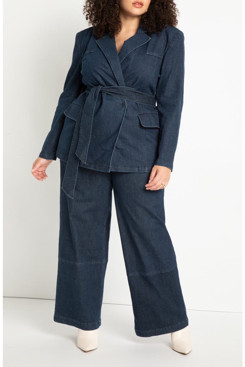 Belted Denim Wrap Blazer, Alternate, color, DARK WASH