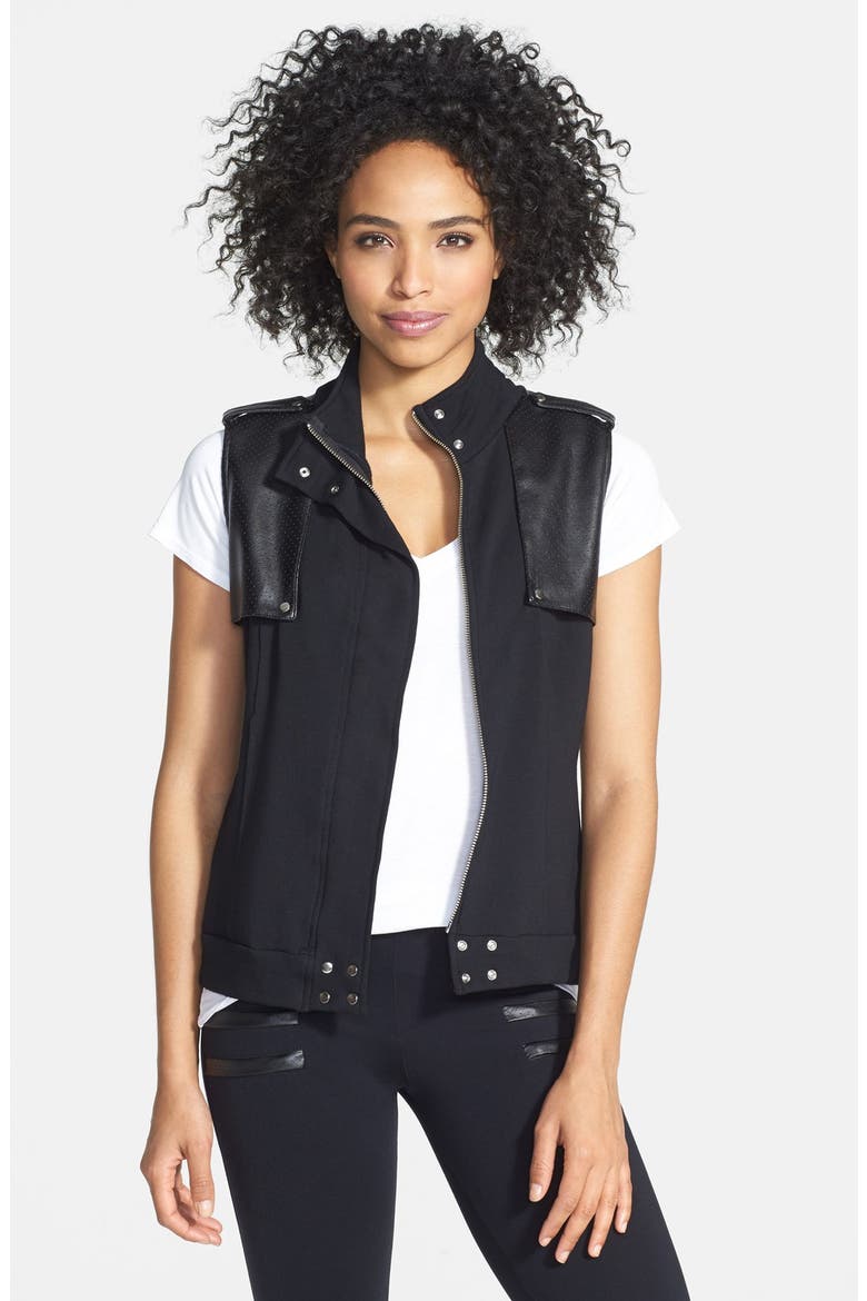 Faux Leather Trim Fleece Vest, Main, color, BLACK