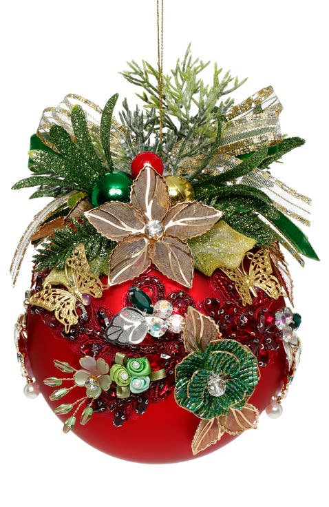Floral Jeweled Ball Ornament, Red