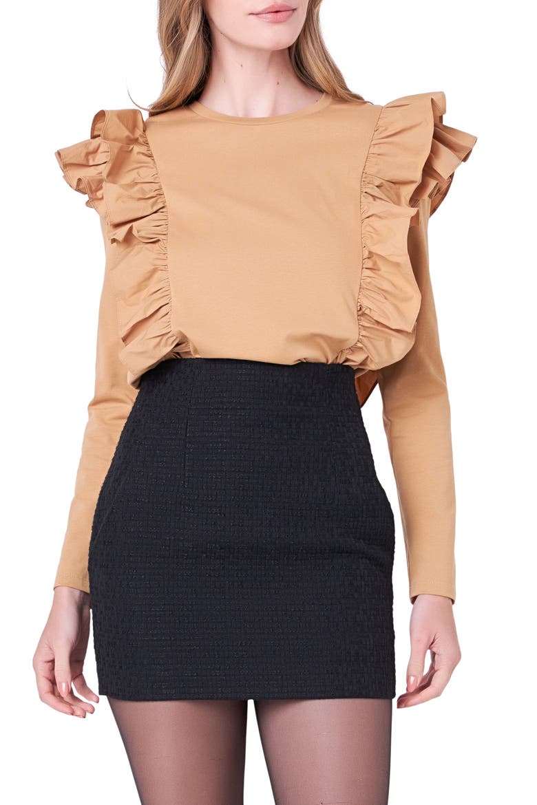 Poplin Ruffle Trim Shirt, Main, color, TAN