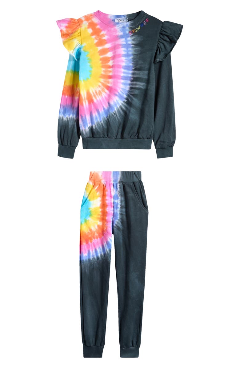 Lola + The Boys Kids' Rainbow Tie Dye Ruffle Sweatshirt & Joggers Set, Main, color, Black