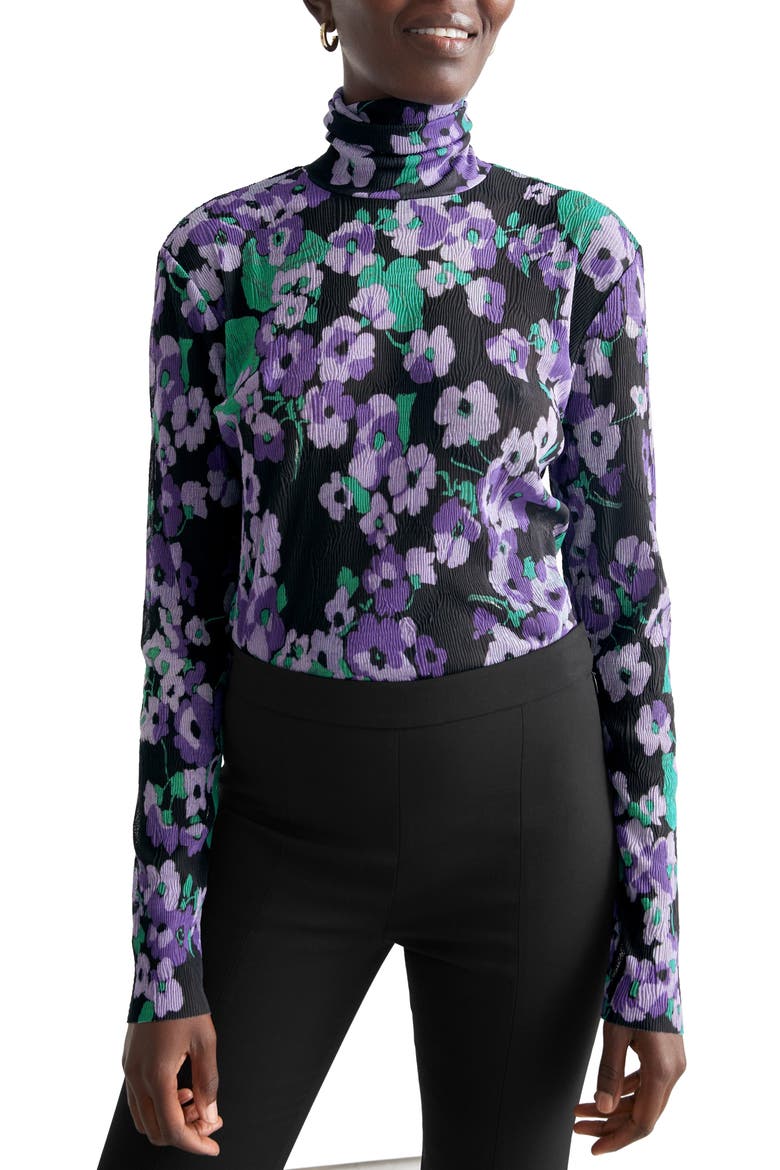 Aina Floral Plissé Turtleneck, Main, color, PURPLE FLOWER AOP