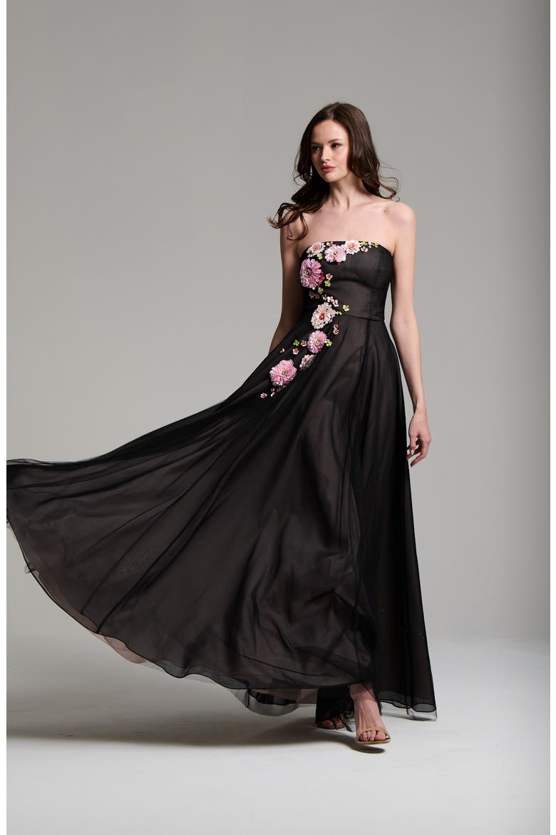 3D Floral Strapless Tulle Gown, Alternate, color, BLACK MULTI