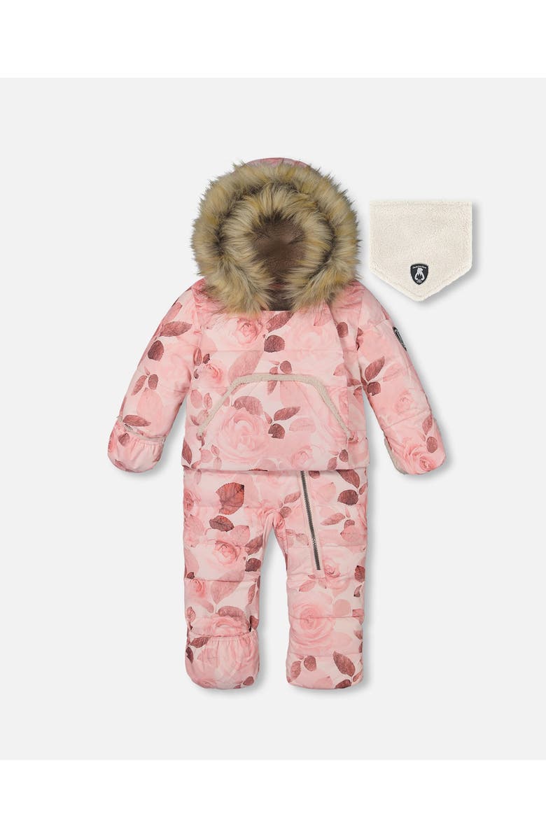 Deux par Deux Baby Girl's One Piece Baby Hooded Snowsuit Printed Roses Designed For Car Seat, Main, color, 