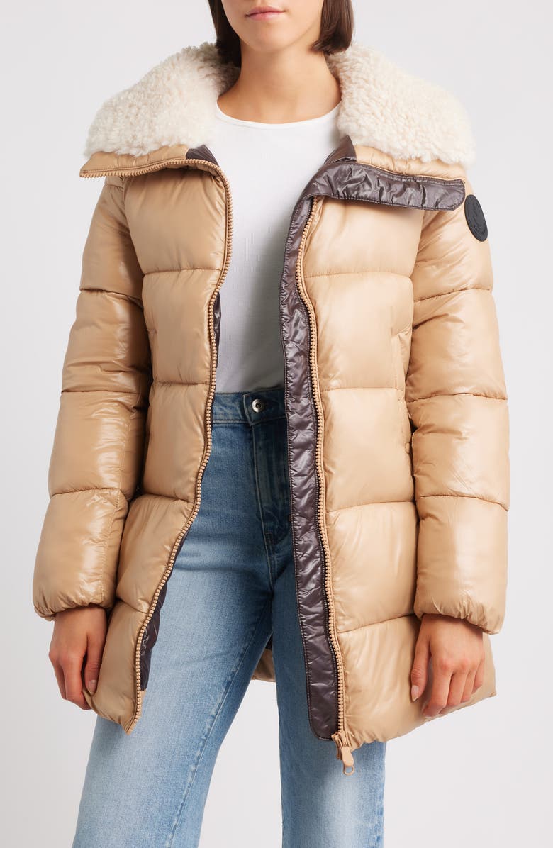 Save The Duck Bonita Faux Shearling Collar Puffer Jacket, Alternate, color, Biscuit Beige