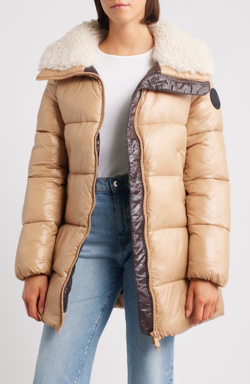 Save The Duck Bonita Faux Shearling Collar Puffer Jacket In Brown