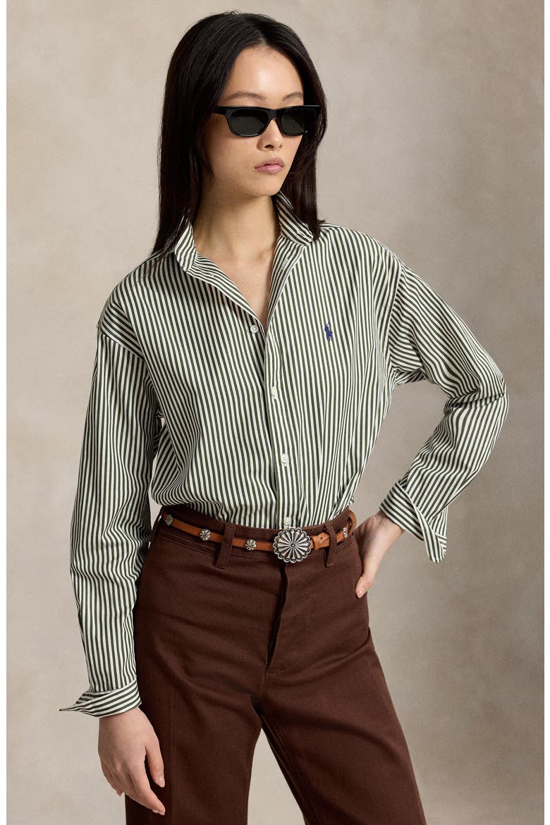 Stripe Relaxed Fit Cotton Button-Up Shirt, Alternate, color, DARK GREEN/ WHITE