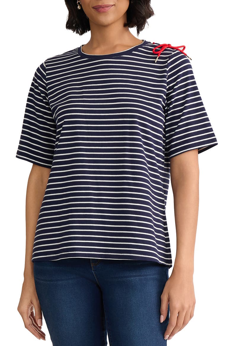 Stripe Lace-Up Shoulder T-Shirt, Main, color, PACIFIC NAVY/ NATURAL WHITE
