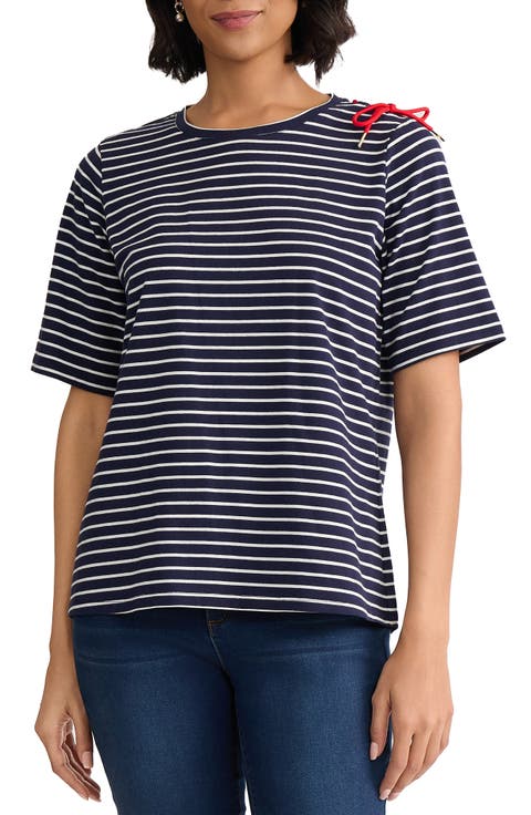 Stripe Lace-Up Shoulder T-Shirt