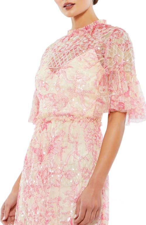 Mac Duggal Flounce Sleeve Floral Embellished Dress In Blush Multi