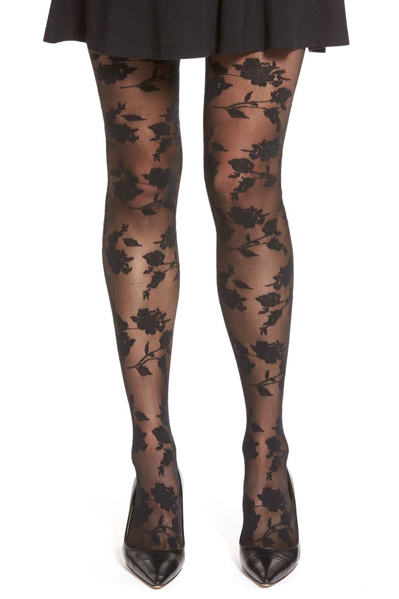 Floral Net Tights, Main, color, BLACK