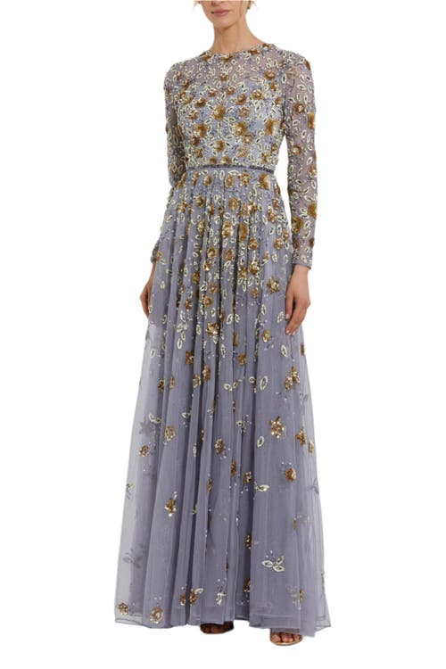 Shop Mac Duggal Floral Appliqué Long Sleeve Illusion Gown In Platinum Gold