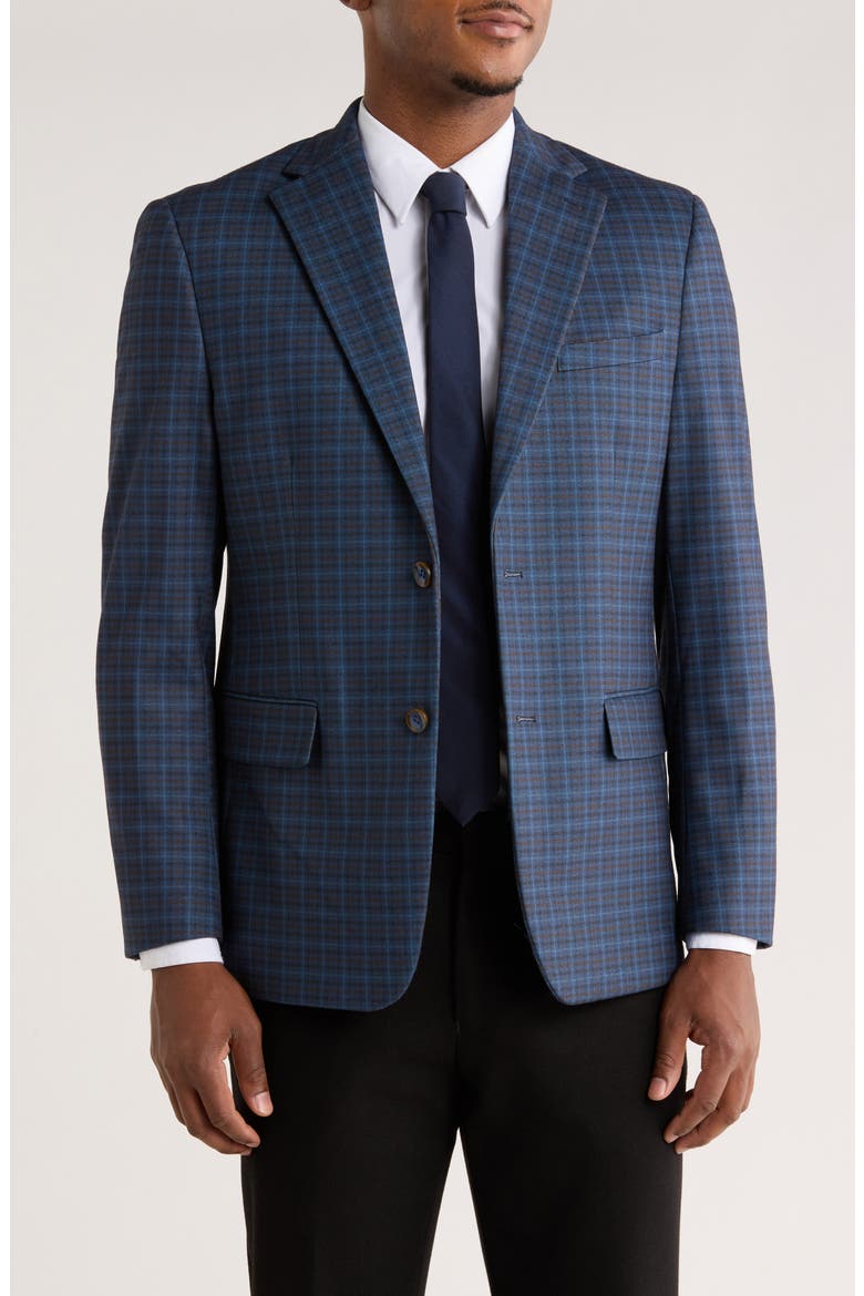 Slim Fit Plaid Stretch Knit Blazer, Main, color, NAVY